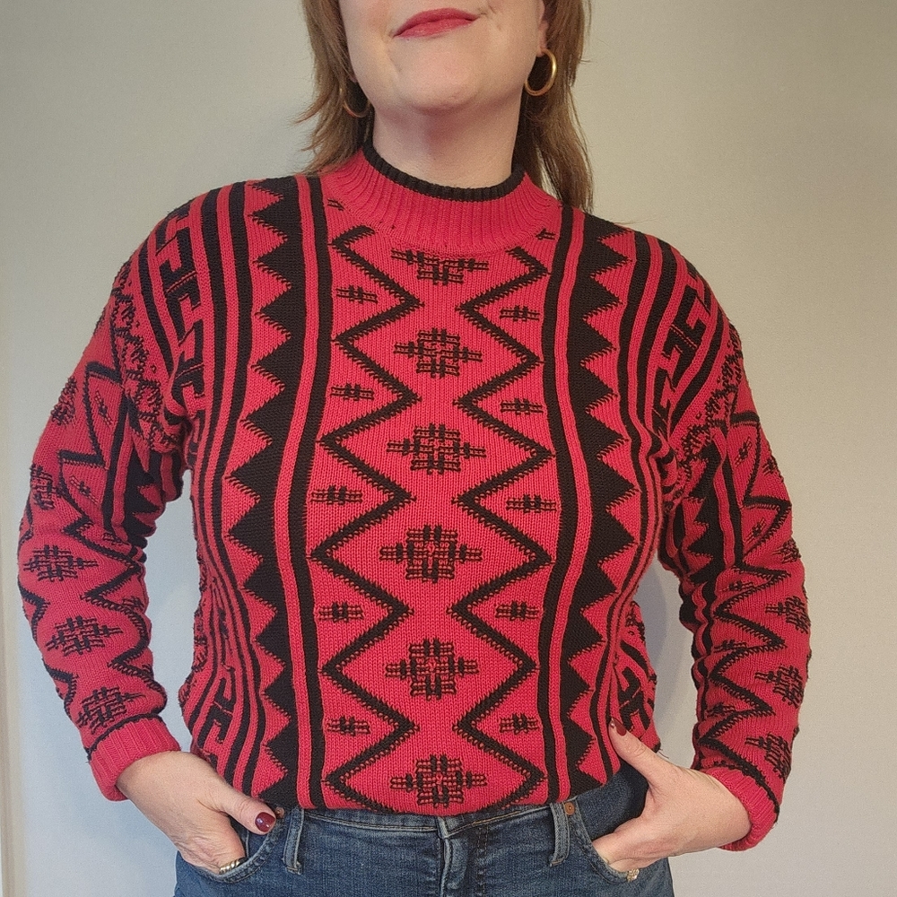 90's Funky Liz Claiborne Red & Black Cotton Sweater